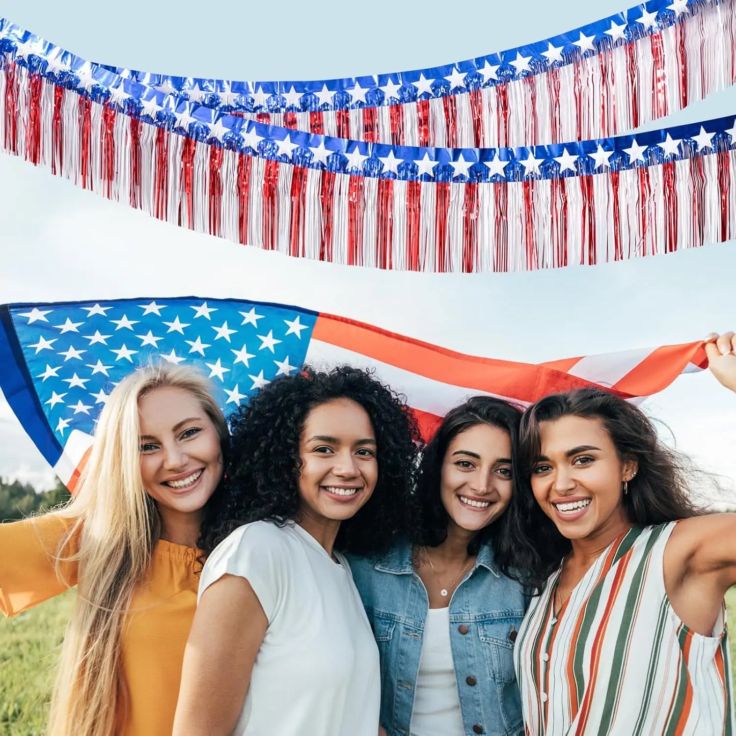Patriotic Foil Fringe Banner – Red, White & Blue Metallic Streamers for July 4th Décor