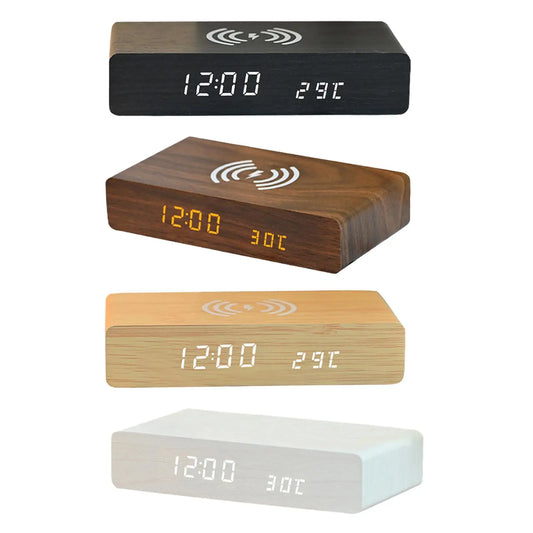 Minimalist Wooden Digital Clock – Wireless Charging Bedside Alarm