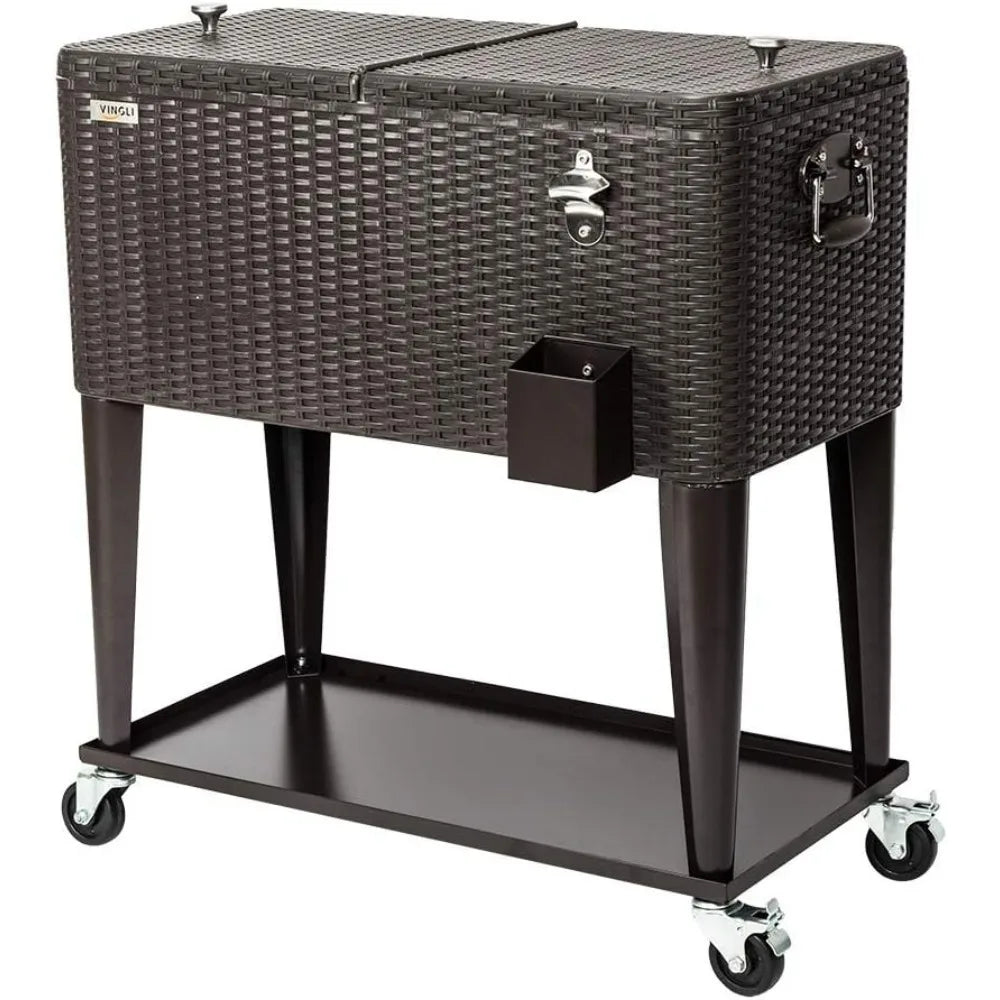 80QT Rolling Ice Chest – Portable Patio Party Cooler Cart with Shelf & Bottle Opener, Brown