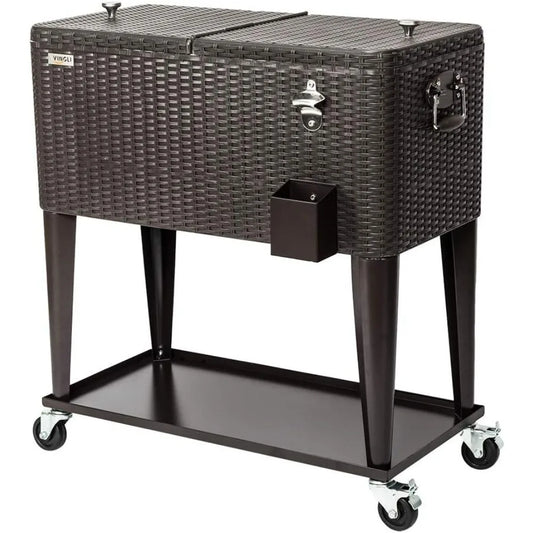 80QT Rolling Ice Chest – Portable Patio Party Cooler Cart with Shelf & Bottle Opener, Brown