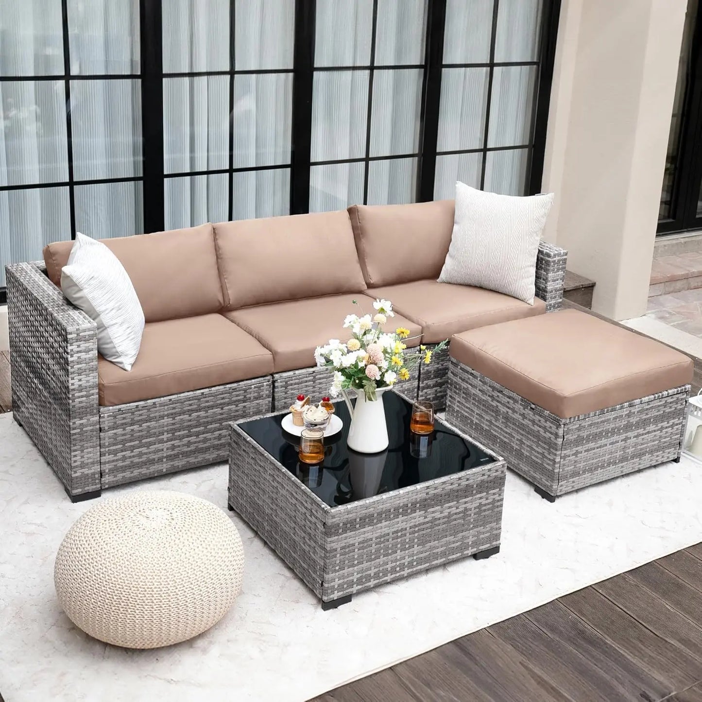5 Piece Patio Furniture Set, All-Weather Wicker, L Shaped