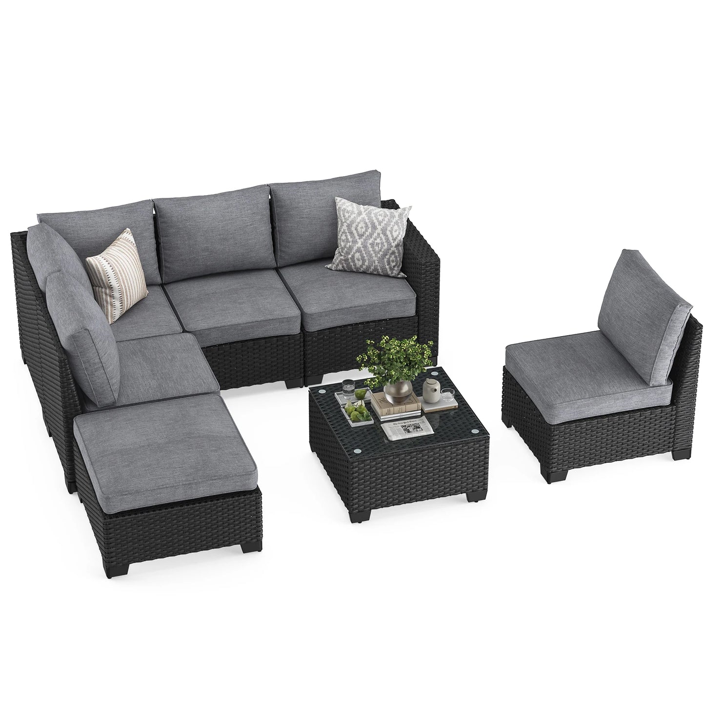Outdoor Sectional Sofa Set with Ottoman – Water/Oil/Stain‑Resistant Fabric, Dark Gray Cushions & Gray Wicker