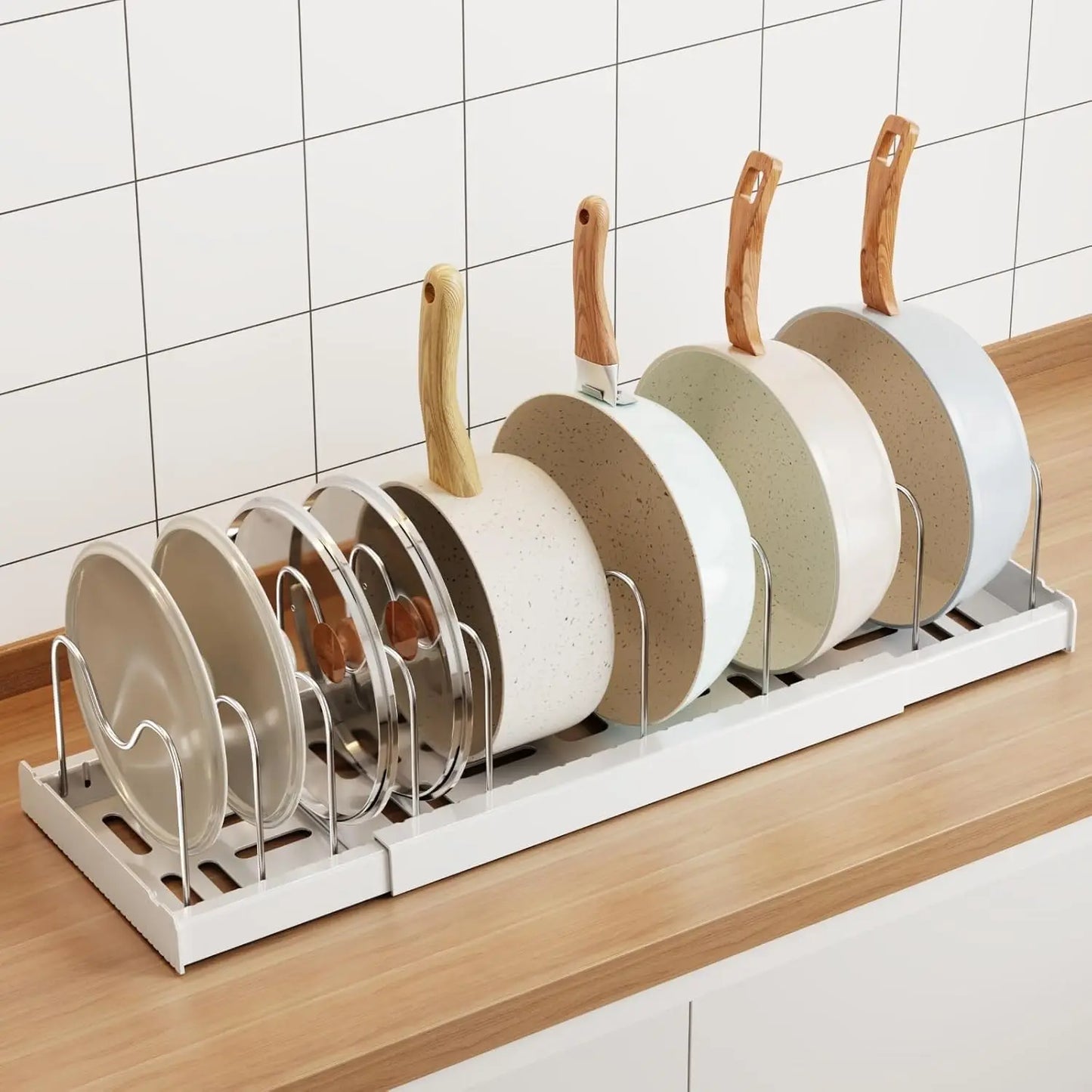22" Expandable Pot & Pan Organizer – White Under‑Cabinet Rack with 9 Adjustable Dividers (2‑Pack)