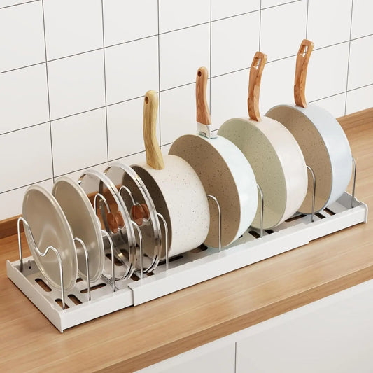 22" Expandable Pot & Pan Organizer – White Under‑Cabinet Rack with 9 Adjustable Dividers (2‑Pack)