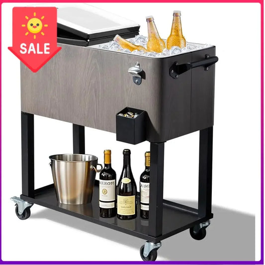 80QT Patio Party Cooler Cart – Rolling Ice Chest with Storage Tray, Wheels & Built‑In Bottle Opener