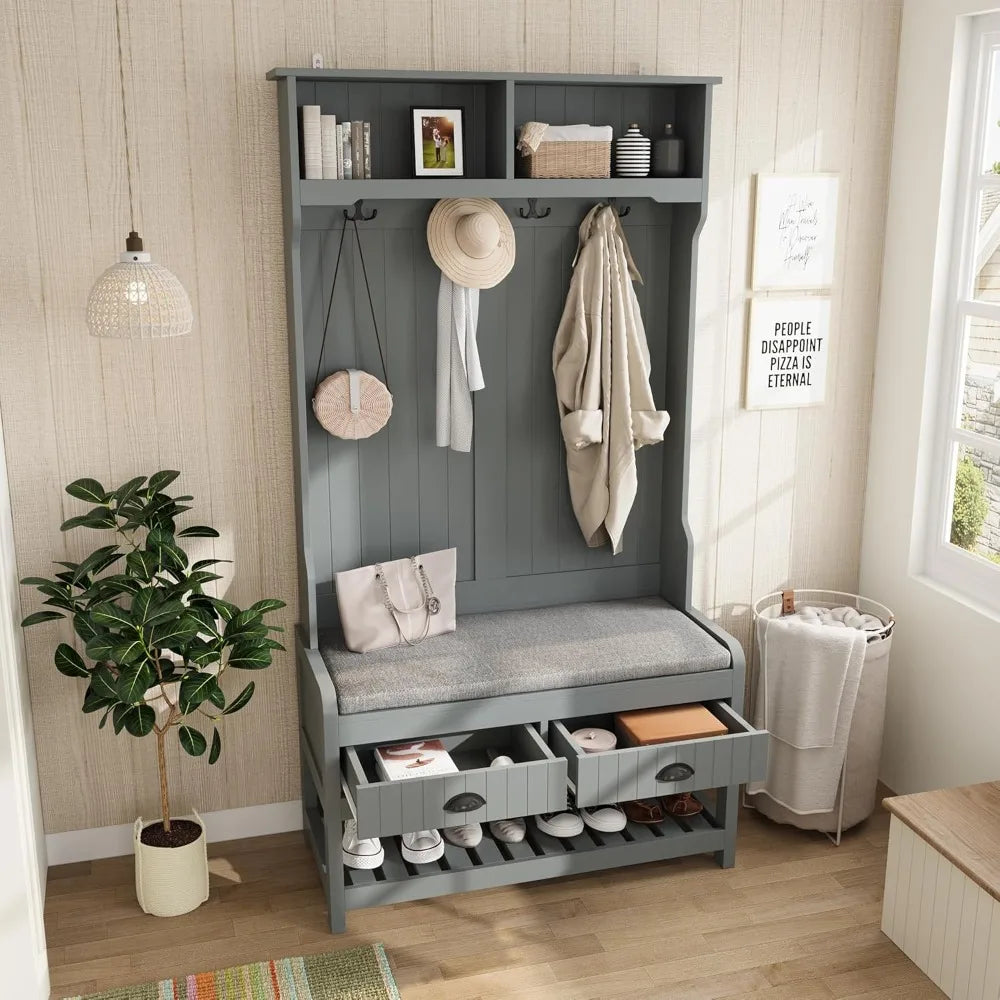 Grey Entryway Bench with Coat Rack, Shoe Storage, Drawers and Shelves - Multifunctional Hall Tree
