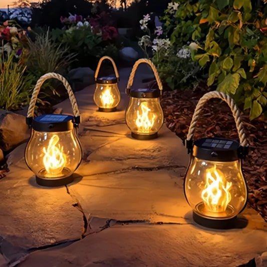 Solar Flickering Flame Lantern – Rope Handle, Type‑C & Solar Charging for Patio, Garden & Table Décor