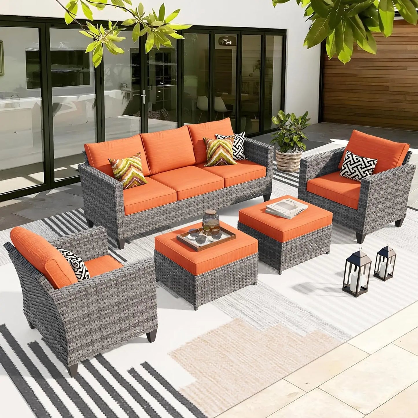 5 Piece Patio Outdoor Wicker Furniture Set - Sofa Couch With Chairs and Ottomans