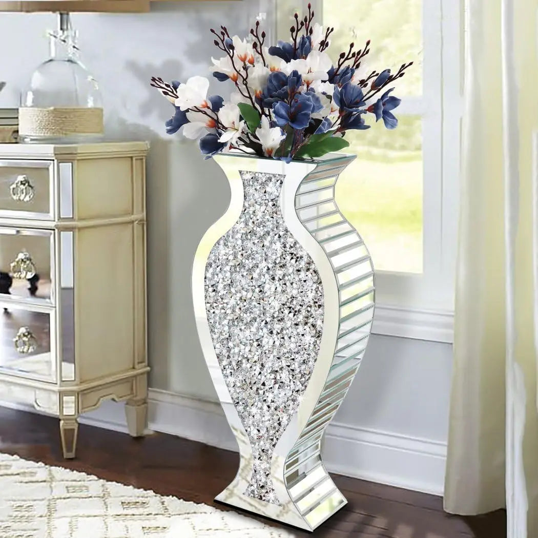 27" Crushed Diamond Mirrored Floor Vase – Tall Silver Crystal Decorative Vase for Luxury Home Décor