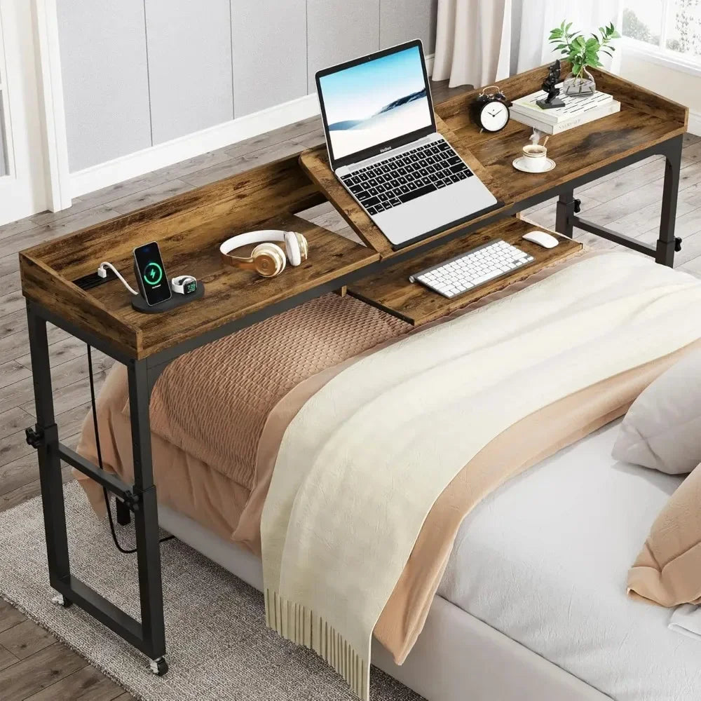 Height‑Adjustable Overbed Table with Wheels – Queen‑Size Rolling Desk & Mobile Laptop Cart