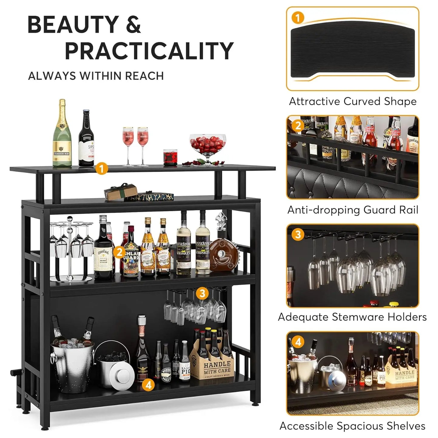 44" Black Bar Table with Storage – Tall Pub Table with Upholstered Footrest