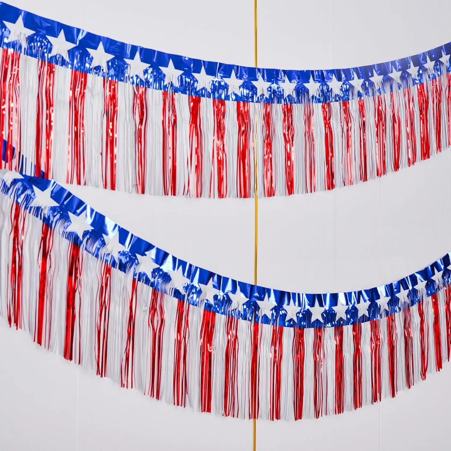 Patriotic Foil Fringe Banner – Red, White & Blue Metallic Streamers for July 4th Décor