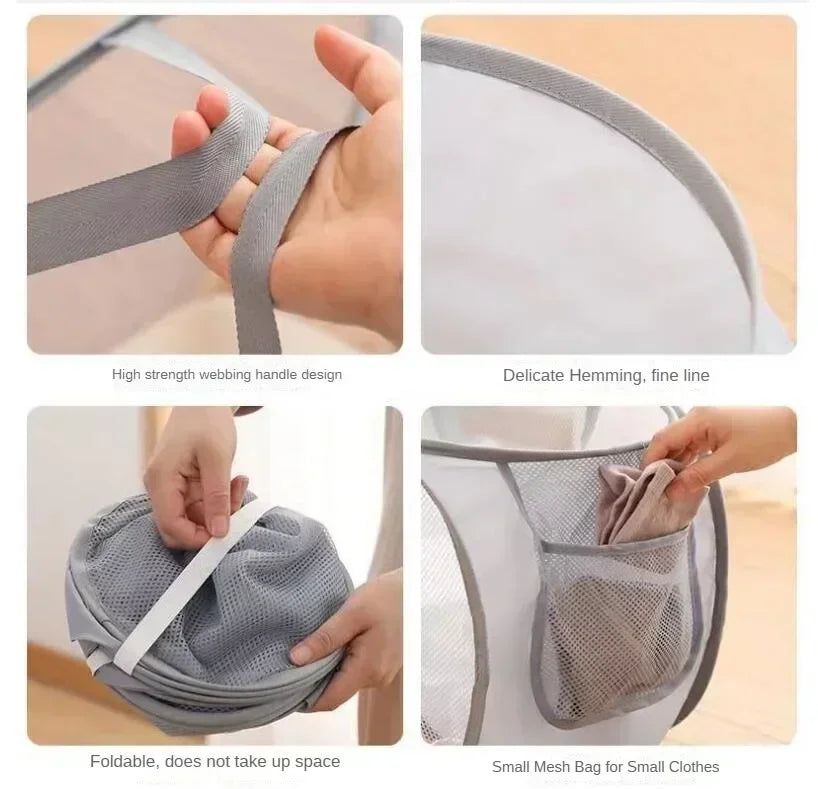 Durable Collapsible Laundry Basket, Mesh Pop Up Laundry Hamper With Side Pocket, Foldable Clothes Storage Hamper