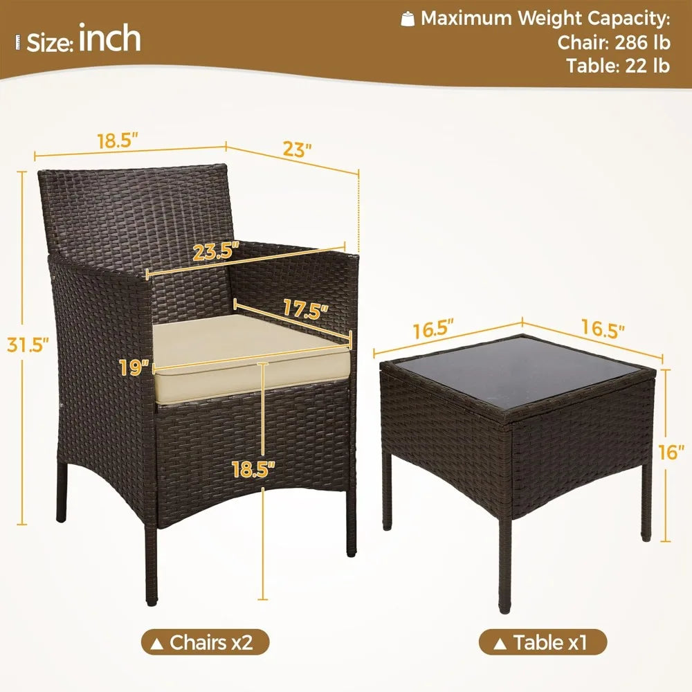 3-Piece Outdoor Patio Set: Rattan Chairs, Cushions, & Glass Top Table