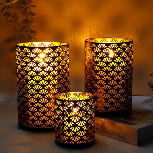 3‑Piece Fan‑Pattern Metal Candle Holder Set – Decorative Home Accent for Tabletop or Shelf