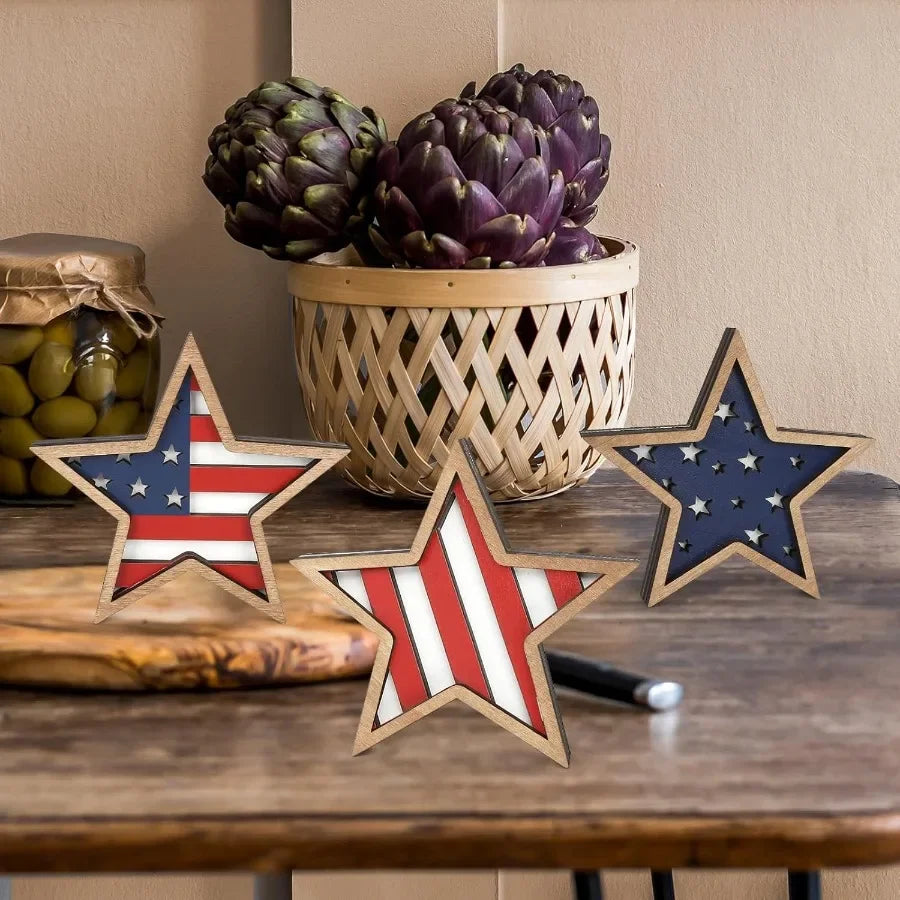 4th of July Wooden Tiered Tray Décor – Set of 3 Patriotic Red, White & Blue Pieces