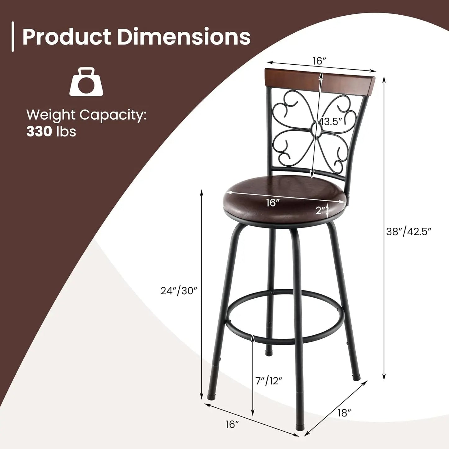 Bar Stools 24 to 30 Inch Adjustable Seat Height, Swivel Set of 4, Cushioned Seat