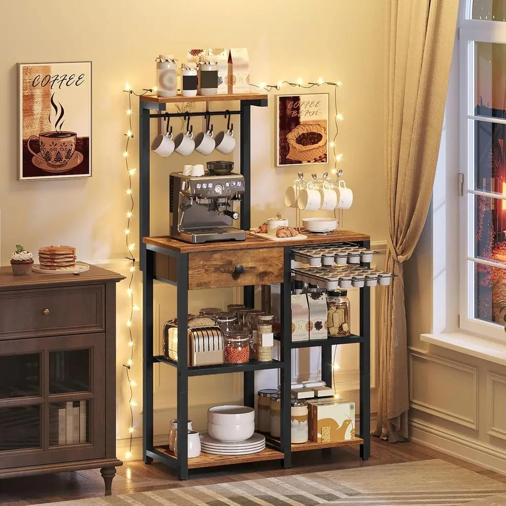 5‑Tier Bakers Rack with Storage Drawer – Coffee Bar Station with Pod Holder
