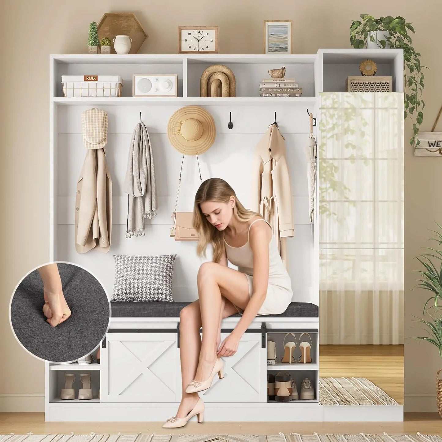Entryway Bench and Shoe Storage,  Coat Rack with Tall Mirror, Farm House Barn Door 4-in-1 Hall Tree, Customized
