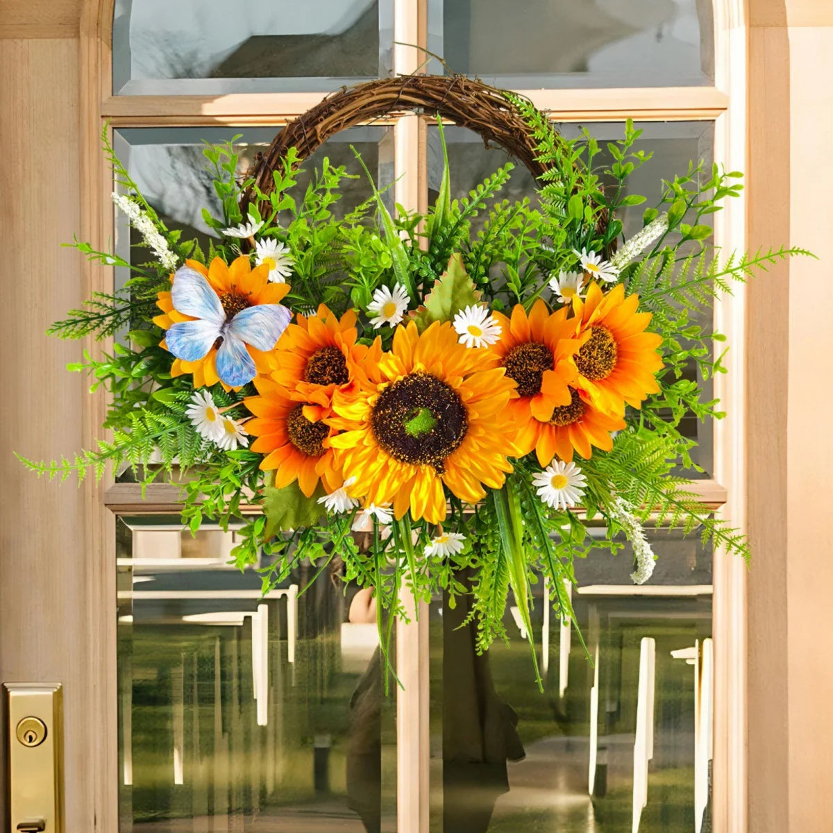 Artificial Sunflowers Wreath Spring Summer Floral Swags with Butterfly Fake Yellow Sunflower Rattan Garland for Front Door Decor