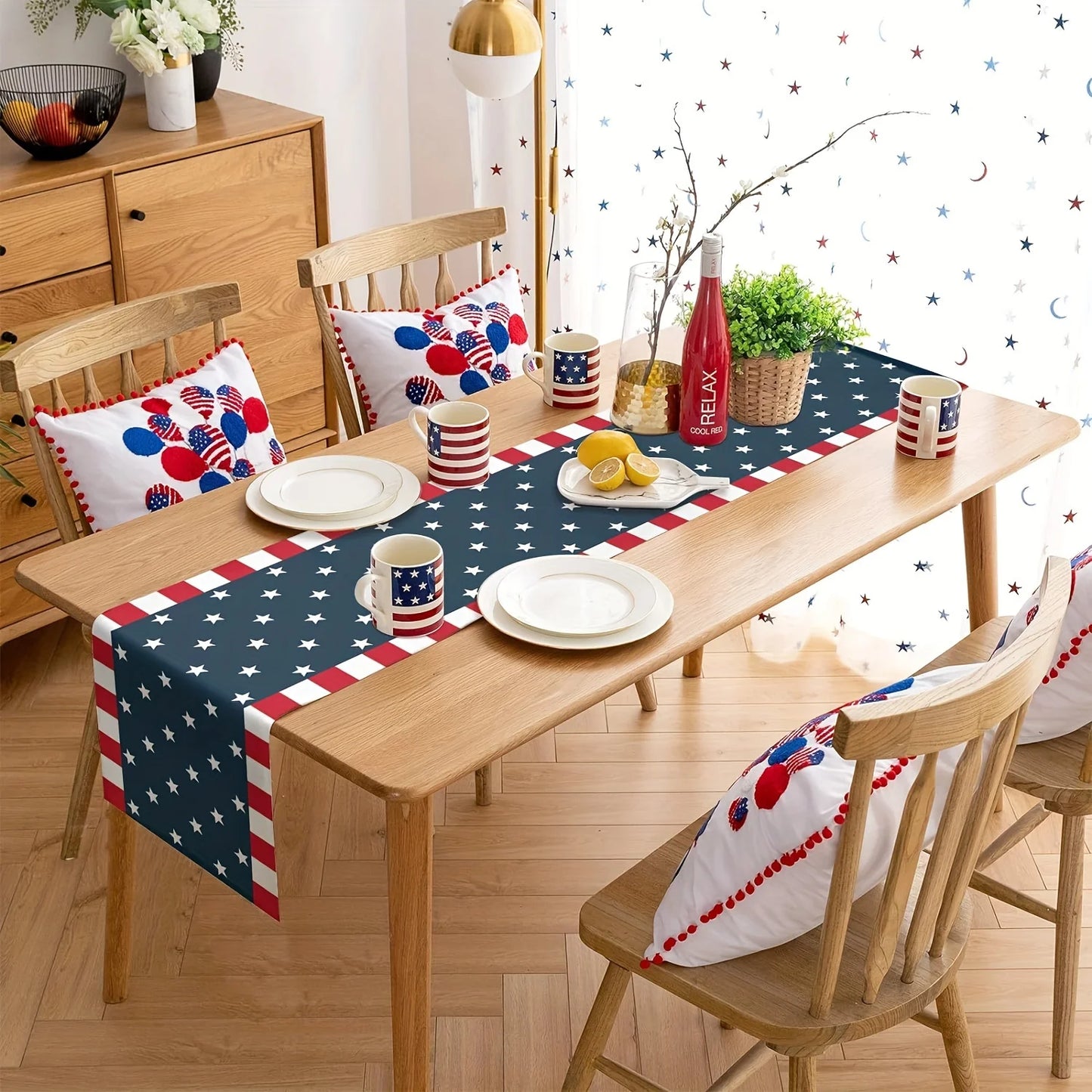 Patriotic American Flag Linen Table Runner - Stars & Stripes 4th of July Decor, Accent for Independence Day Party