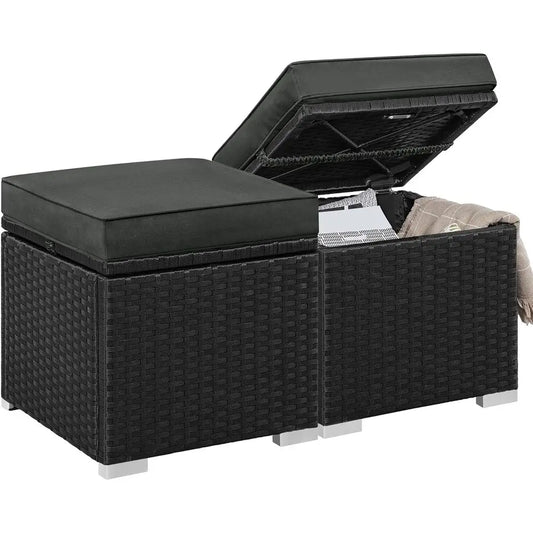 Wicker Ottomans, Set of 2 Patio Rattan Side Tables with Hidden Storage & Removable Cushion