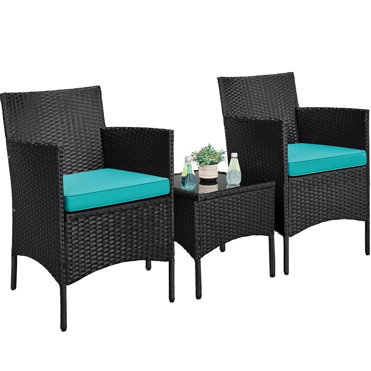 3-Piece Outdoor Patio Set: Rattan Chairs, Cushions, & Glass Top Table