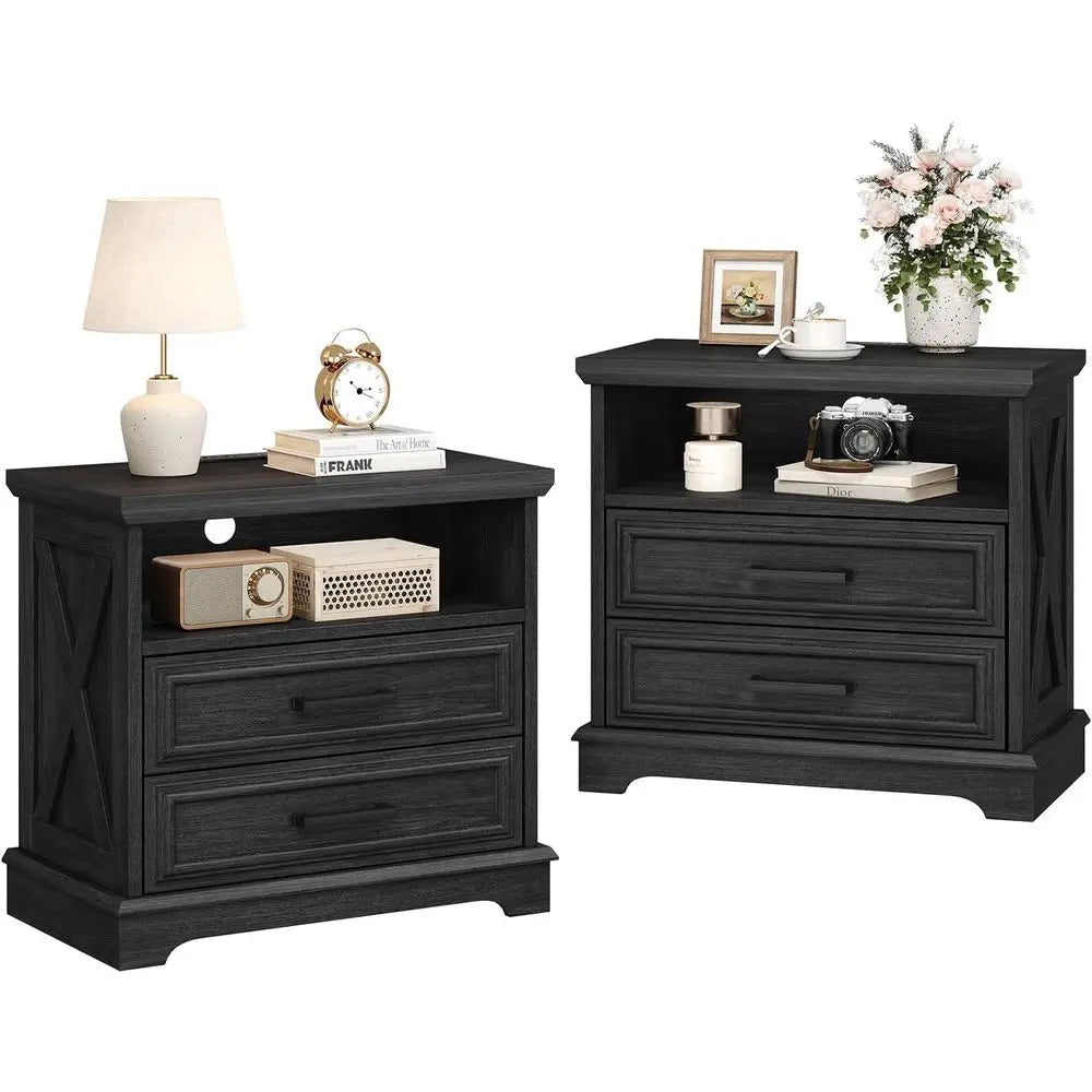 Gray Wood Nightstands (Set of 2) – Large‑Drawer Bedside Tables with Built‑In Charging Station