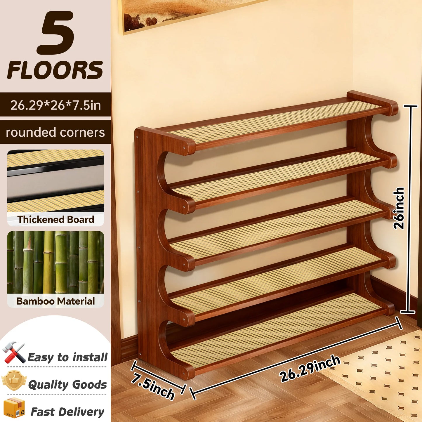A five-tier heavy-duty bamboo shoe rack and storage shelf. Available in three colors.