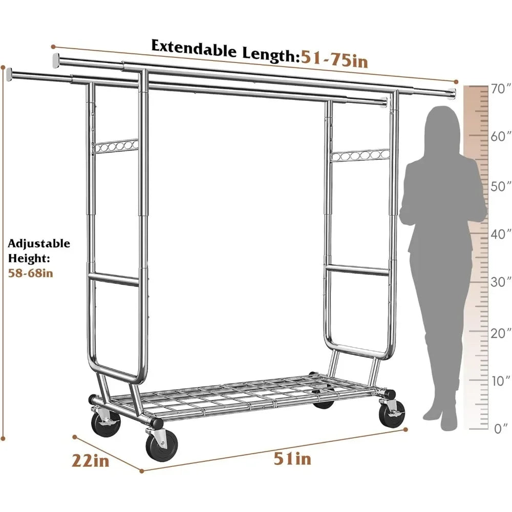 Heavy Duty Adjustable Hanger Rack, Hanger Weight Capacity 630 Lbs, with Wheels