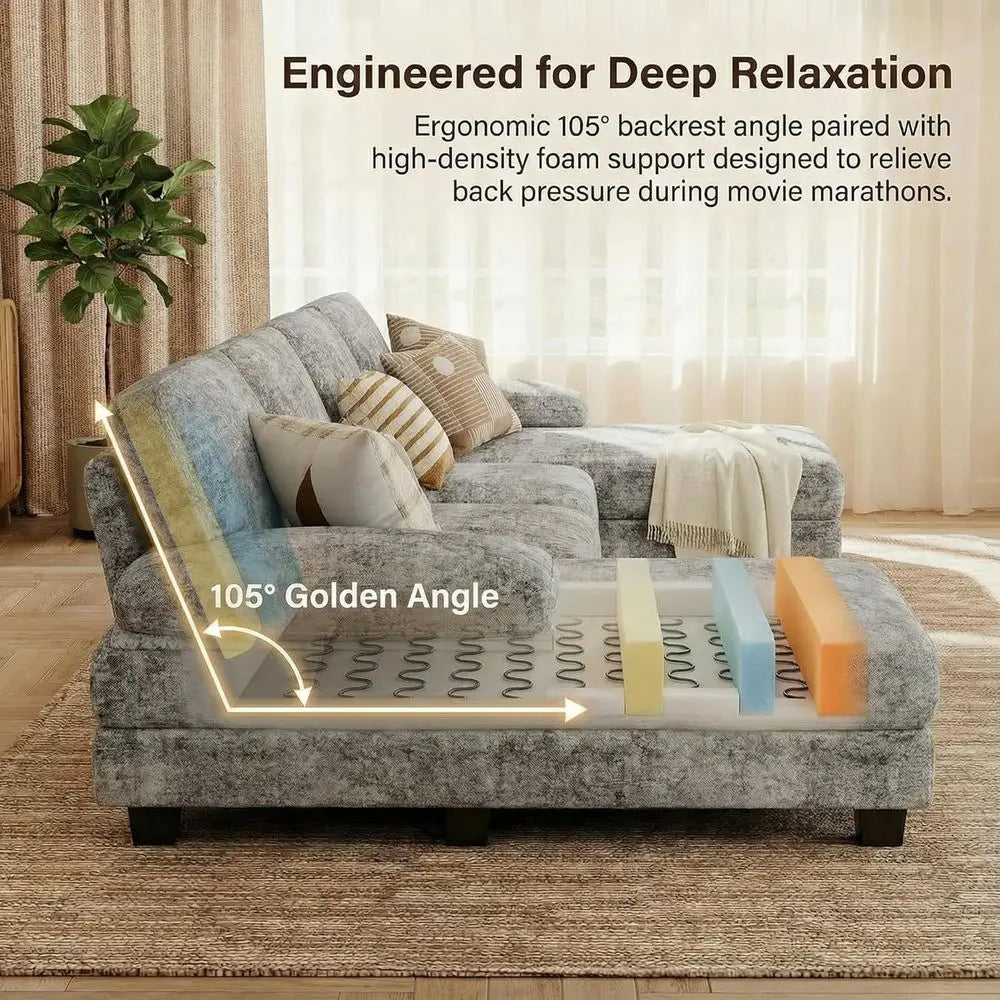 Grey Chenille 4-Seat Sectional Sofa with Removable Pillows