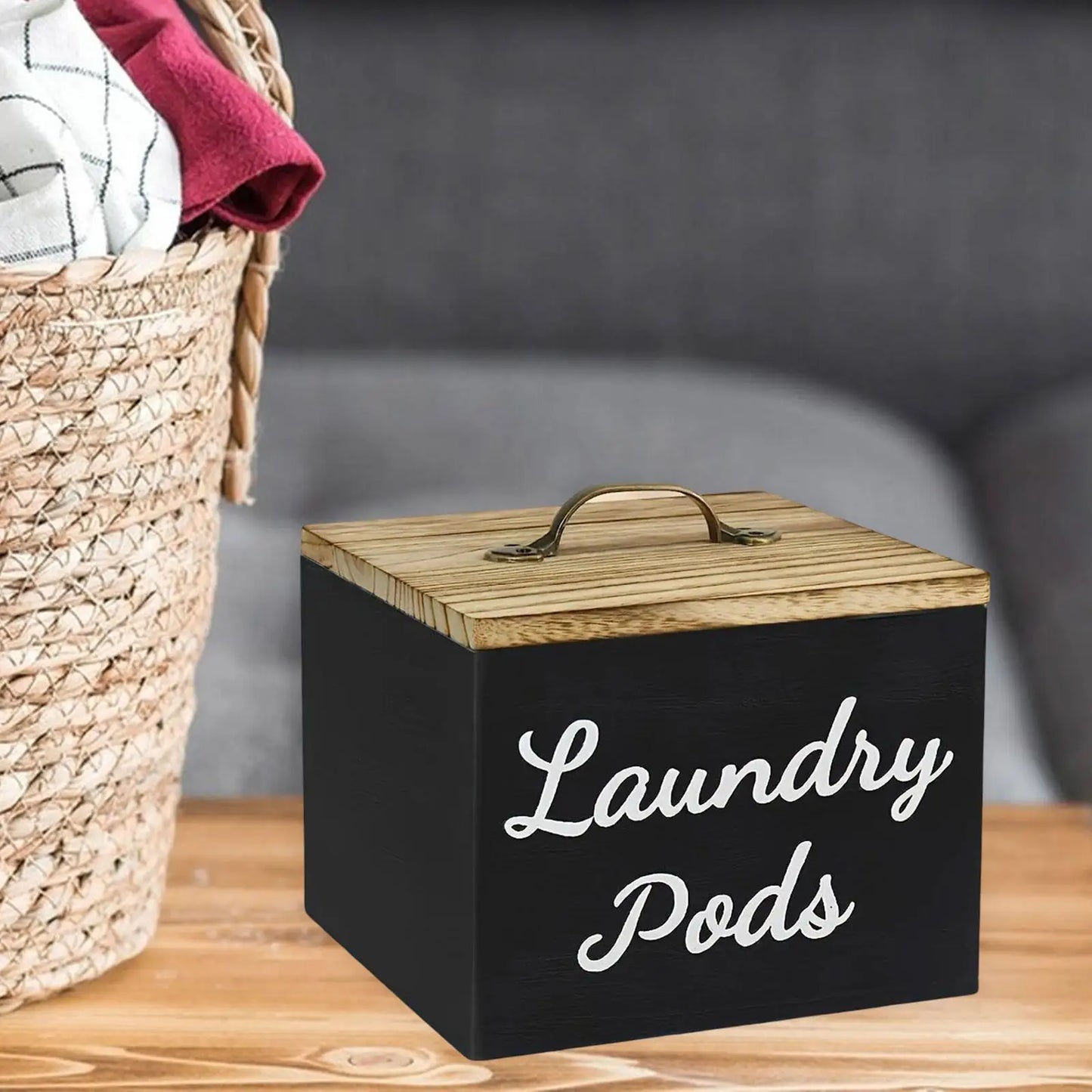 Wooden Laundry/Dishwasher Pod Holder Dispenser with Lid for Organized Washroom or Kitchen