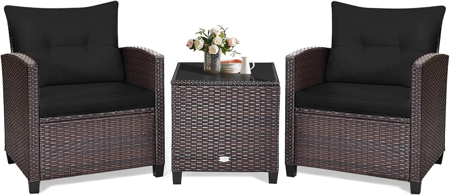3‑Piece Patio Furniture Set – Outdoor Chairs with Washable Cushions & Tempered Glass Table