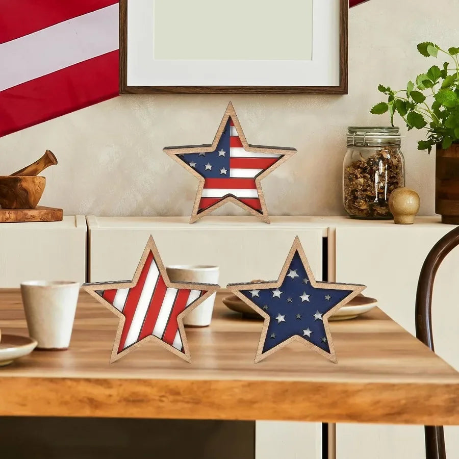 4th of July Wooden Tiered Tray Décor – Set of 3 Patriotic Red, White & Blue Pieces