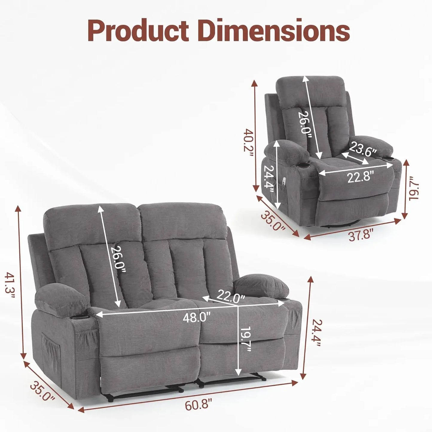 3‑Piece Manual Recliner Sofa Set – Sofa, Loveseat & Chair with Built‑In Cup Holders