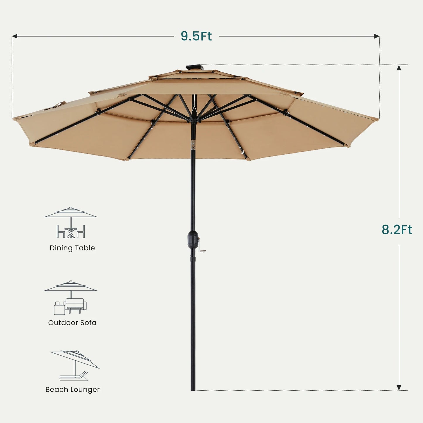 10FT 3‑Tier Patio Umbrella – Solar 32 LED Lights, Tilt Function & 8 Sturdy Ribs for Backyard & Garden