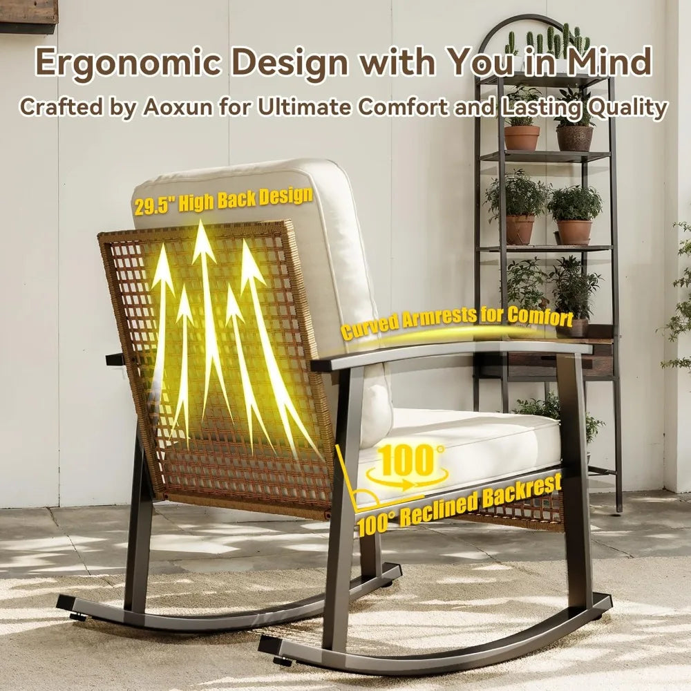 3-Piece Rattan Rocking Bistro Set: 2 Cushioned Wicker Chairs & Coffee Table