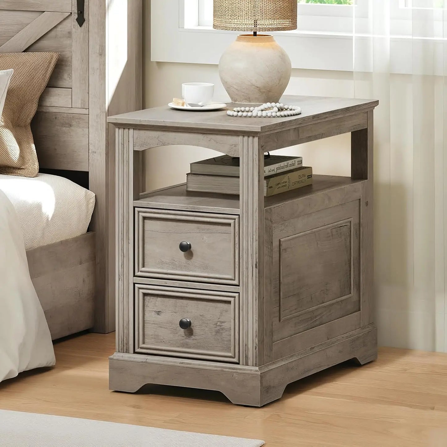 Narrow End Table with 2 Drawers – Wooden Sofa Side Table with Open Storage Shelf