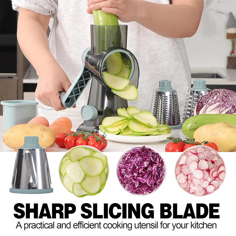 3‑in‑1 Rotary Cheese Grater – Manual Vegetable Slicer & Nut Grinder with Clear Hopper