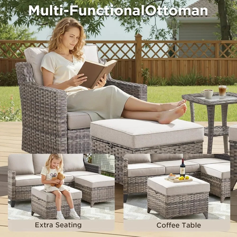 5 Pieces Outdoor Furniture-High Back Wicker Chairs Set of 2 with Comfy Cushions, Ottomans