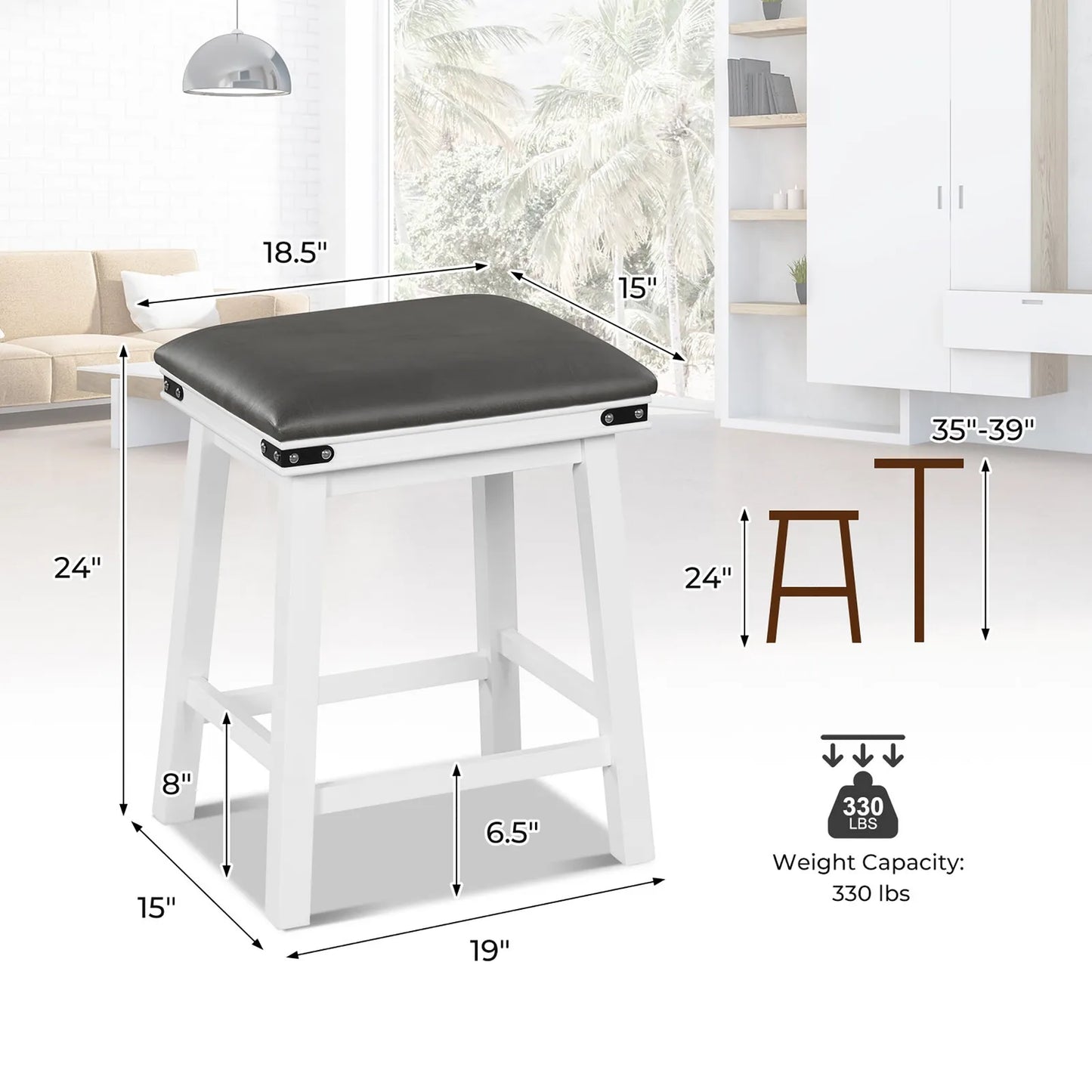 24" Counter‑Height Bar Stools (4-Pack) – Leather Upholstered Seating with Footrest