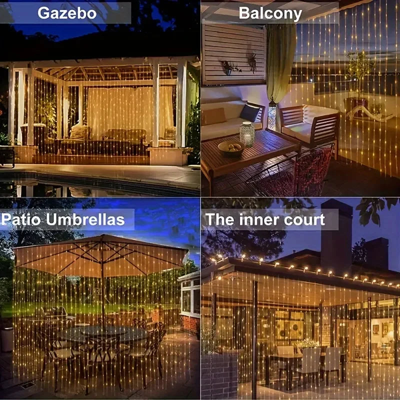 Outdoor Solar Curtain String Lights – Waterproof LED Set with 8 Lighting Modes