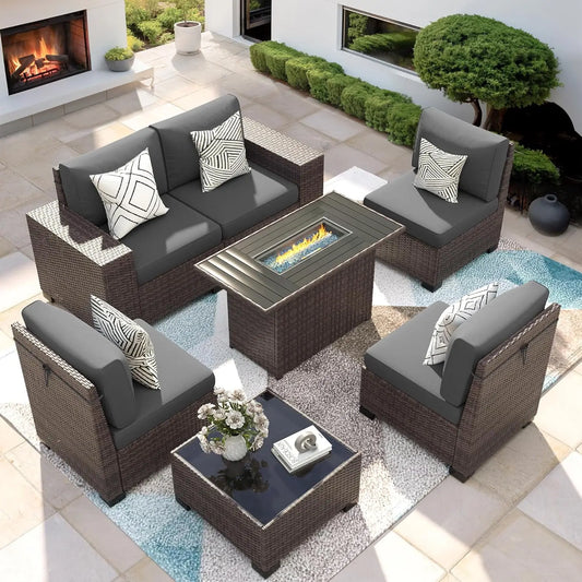 7‑Piece Patio Furniture Set with Fire Pit Table – Wicker Rattan Outdoor Sectional Conversation Set
