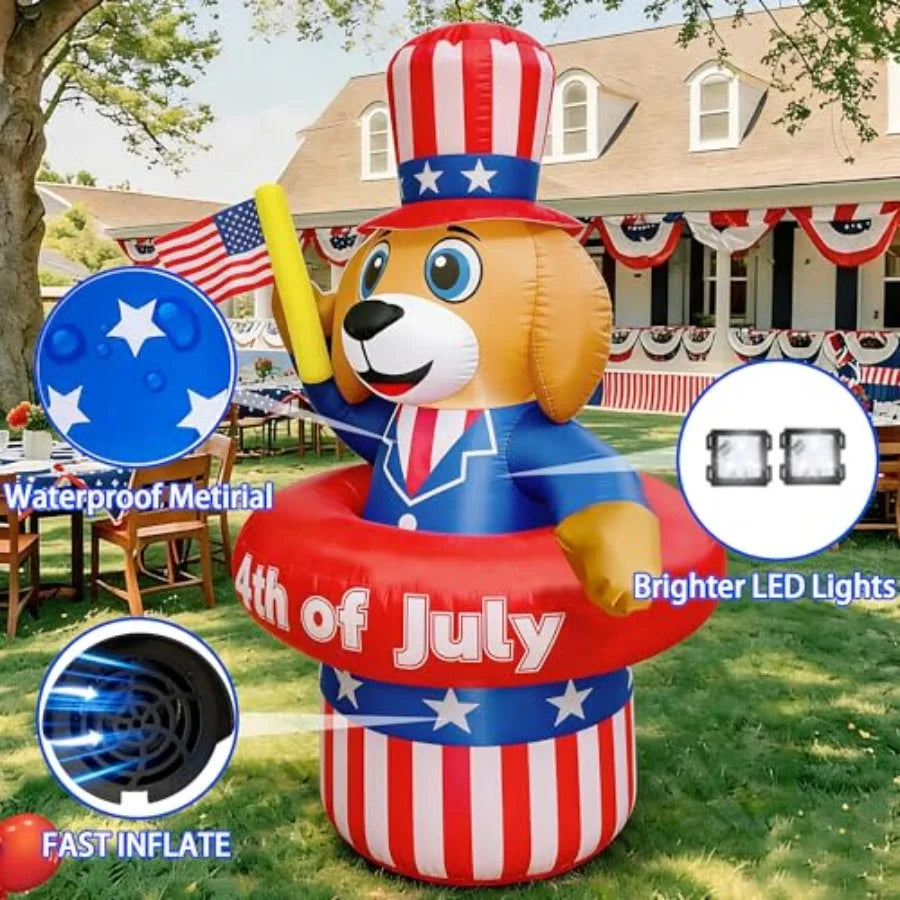 5FT Patriotic Puppy Inflatable – 4th of July Blow‑Up Decoration with Hat & Waving USA Flag