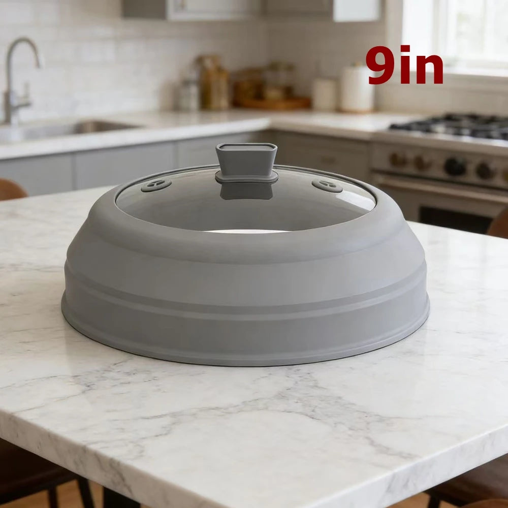 10.5" Microwave Splatter Cover – Glass Lid with Foldable 9" Silicone Splash Guard