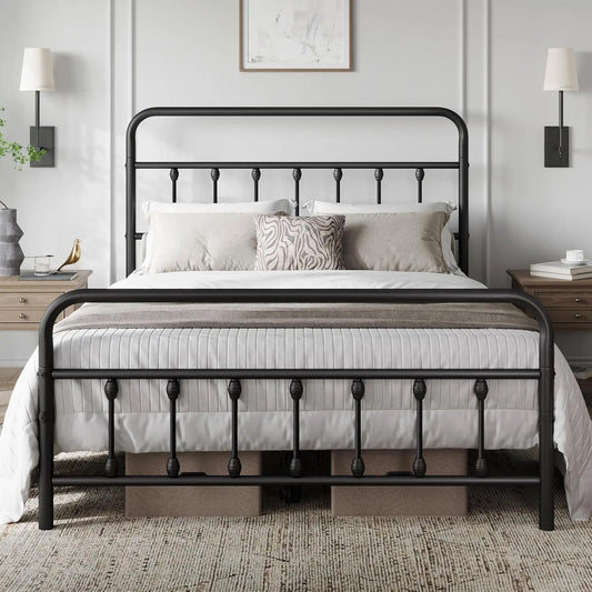Metal Platform Bed Frame with High Metal Headboard with Under Bed Storage, Queen Size - Black