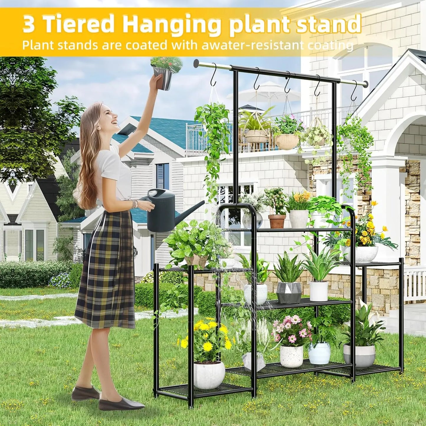 3‑Tier Metal Plant Stand – Expandable Indoor/Outdoor Flower Pot Shelf, Heavy‑Duty Ladder Design (Black)