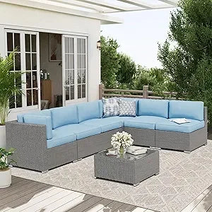 7-Piece Outdoor Patio Sofa Set - Black Rattan Wicker Set with Glass Top Table and Cushions(Red)