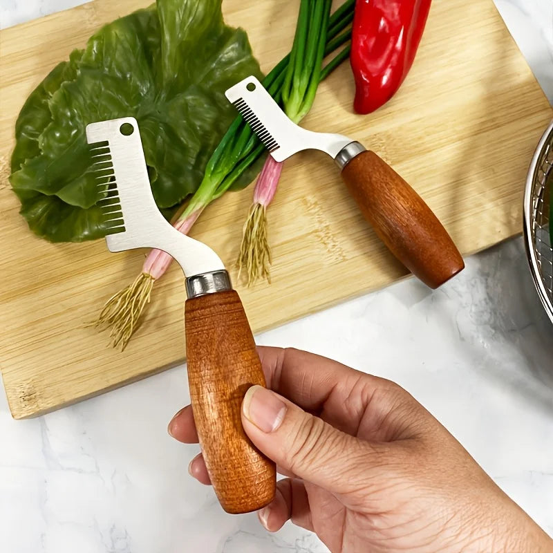 Stainless Steel Scallion Slicer Knife – Wooden‑Handle Vegetable Shredder & Kitchen Cutting Tool