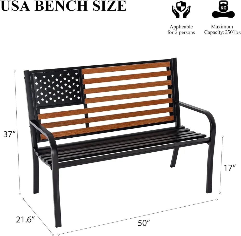 50" Outdoor Garden Bench, Cast Iron Frame, Weatherproof Seat, Classic Americana Backrest, Black & Woodgrain Colors